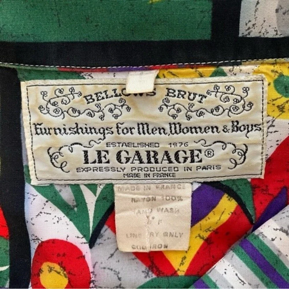 Vintage Bellows Brut Le Garage France Red Blue Vibrant Color Tropical Top SZ L